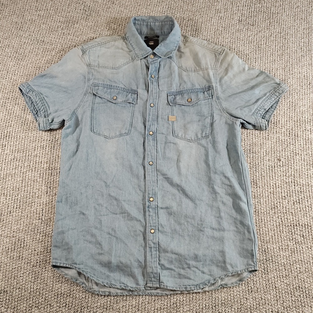G-Star Mens L Shirt Short Sleeve Cotton Linen Light Blue Pearl Snap Chest Pocket
